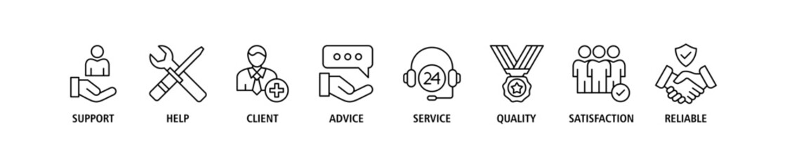 Obraz na płótnie Canvas Customer care banner web icon set vector illustration concept for customer support and telemarketing service with an icon of help, client, advice, chat, service, reliability, quality, and satisfaction