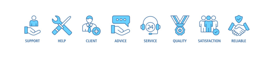 Customer care banner web icon set vector illustration concept for customer support and telemarketing service with an icon of help, client, advice, chat, service, reliability, quality, and satisfaction