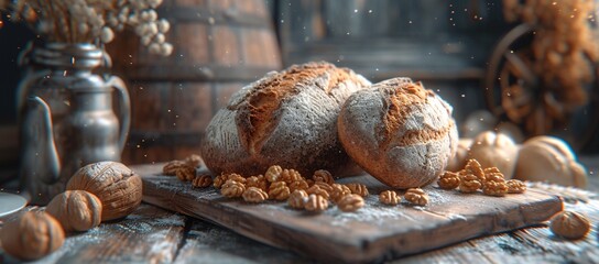 Artistic depiction of freshly made bakery products ready to eat arranged on a rustic kitchen setting
