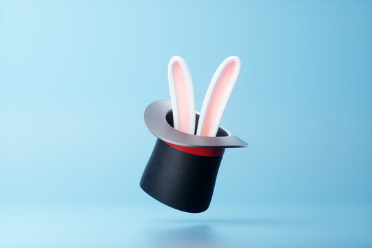 Rabbit ears sticking out of black magician cylinder with wand. Concept illusionist, magic tricks, magic, advertising template, banner. 3D rendering, 3d illustration, Copy space.