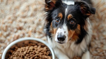 border collie looks up expectantly, waiting to eat from a full bowl of dog food on a beige carpet background. ai generated