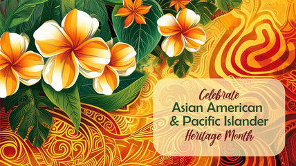 Asian American, Pacific Islander Heritage month abstract banner with tropical flowers. Greeting card, AAPI print.