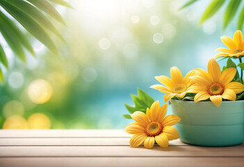 A plant pot with yellow flowers on a wooden desk on a sunny bokeh background. Spring, Summer background, wallpaper, backdrop. Copy space.