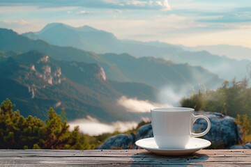 Hot coffee mug on a tabletop with morning mountain view
