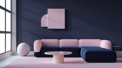 Modern minimalist living room with pink and navy blue color sofa, geometric wall art, and large window, showcasing a stylish interior design concept