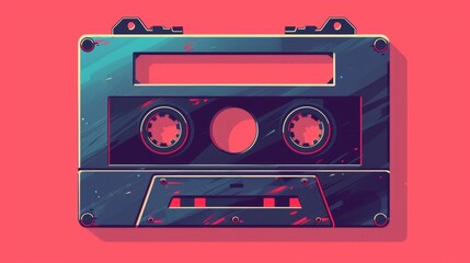Naklejka premium Illustration of a retro cassette tape with a vibrant red background, featuring detailed and abstract texture