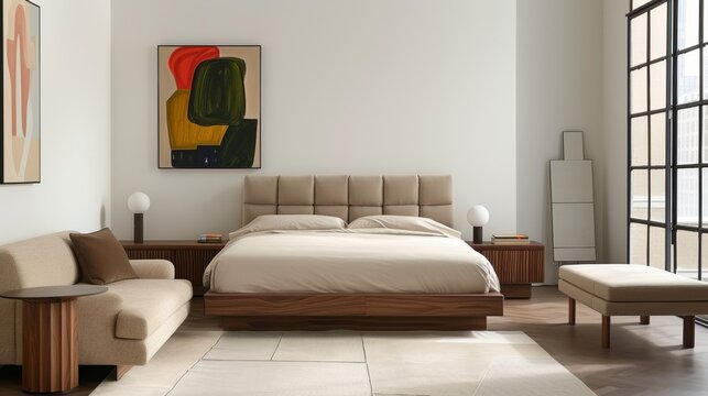 Modern bedroom interior with a large bed, wooden furniture, abstract painting, and large windows