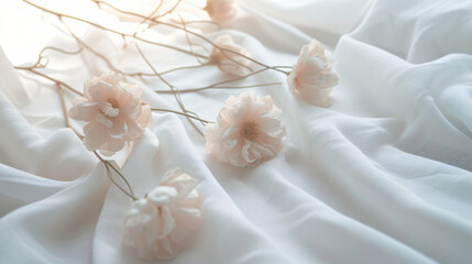 Cotton flower on white cotton fabric cloth.