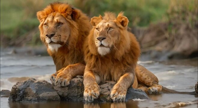 pair of lions on a rock in the river footage