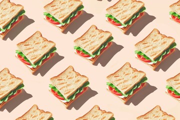 Pattern of toasted sandwiches with lettuce, tomato, and cheese on a light background