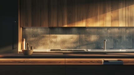 Minimalist kitchen featuring sleek wooden materials, clean lines and minimalist design elements