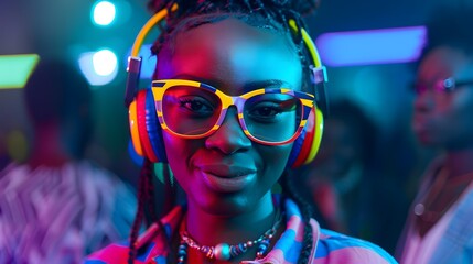 Neon light portrait of bearded smiling man in headphones, sunglasses, . Listening to music 