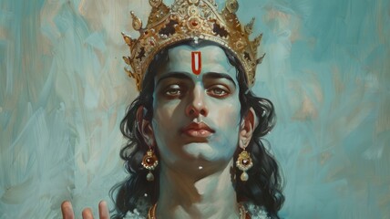 Classic oil painting portrait of Lord Rama wearing royal 