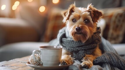 coffee cup, cute dog on table. cozy, hygge concept. copy space