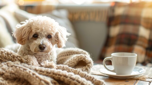 coffee cup, cute dog on table. cozy, hygge concept. copy space
