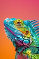 Naklejka premium Closeup colorful iguana on a pink gradient background 