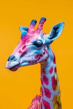A vibrant, digital image of a giraffe with pink patches on a bright yellow background