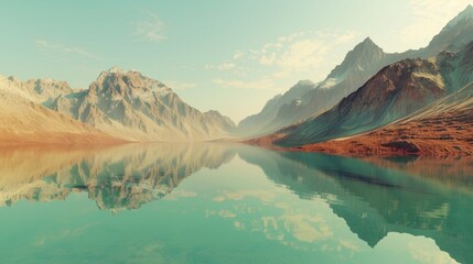 Render a nature-inspired AI image featuring a mountain range and its reflection in a serene lake, showcasing the allure of emerald and brown tones