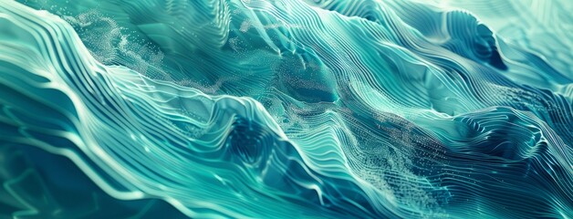 Create an abstract 3D image of digital waves in shades of blue and teal color scheme with a wide-angle lens, using a high-saturation and high-key film to enhance the sense of depth