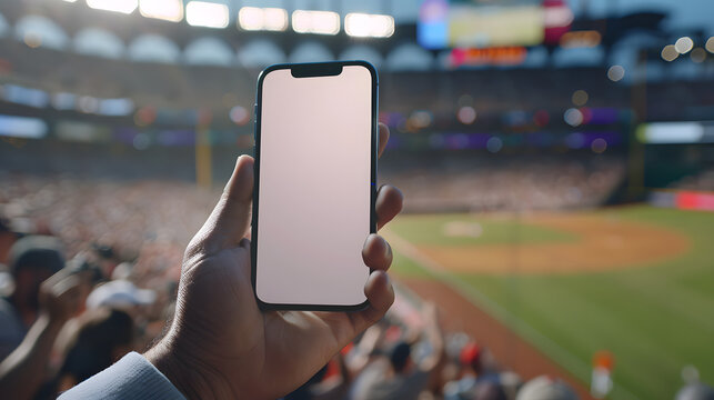 Man fan hands holding isolated smartphone device in baseball crowed stadium game with blank empty white screen, sports betting concept