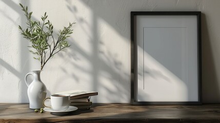 Black empty wooden frame in a brown wood table and plant in vase, book, and coffee cup on concrete wall background. close up living room interior