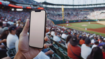 Man fan hands holding isolated smartphone device in baseball crowed stadium game with blank empty white screen, sports betting concept - obrazy, fototapety, plakaty