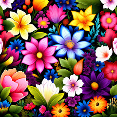 Seamless pattern with colorful flowers on black background. Vector illustration.