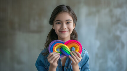 Happy smiling girl is holding rainbow infinity symbol. Neurodiversity awareness concept.