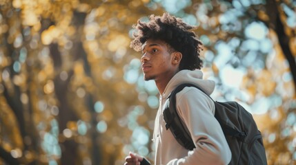 Young afroamerican man wearing sport shirt doing exercise with backpack in the park - obrazy, fototapety, plakaty