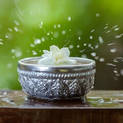 Flower with silver bowl and water splash