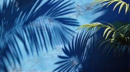 Fototapeta na wymiar Blue wall with shadow from palm tree