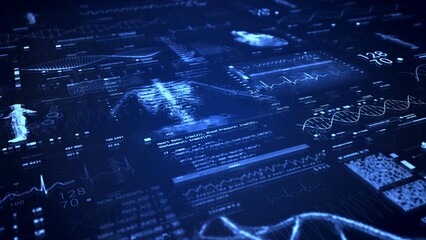 Birdseye view of a cityscape with electric blue numbers on a computer screen