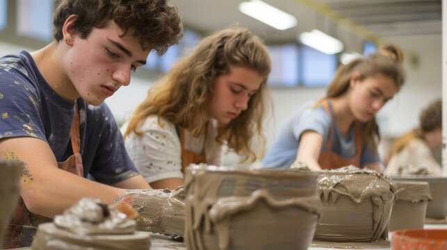 Students deeply focused on shaping clay on pottery wheels in a ceramic workshop class