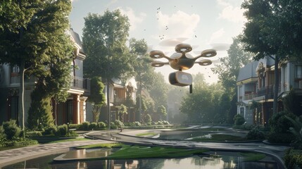 Futuristic drone delivering mail in a serene suburban neighborhood with lush greenery