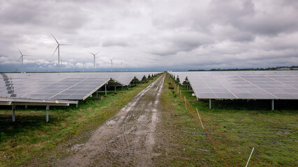 Green energy together with wind turbines and solar parks to combat climate change and reduce carbon dioxide emissions, province of Groningen the Netherlands