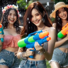 girls playing water gun at Song Kran day festival
