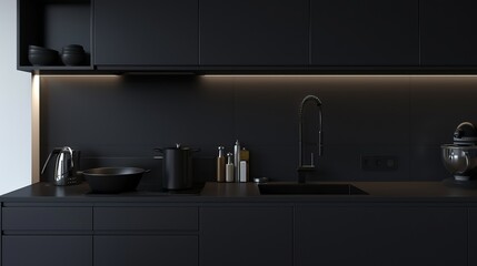 Modern simplicity of a minimalist black kitchen, where sleek black surfaces and minimalist design elements create a stylish and functional space for culinary experimentation and relaxed dining