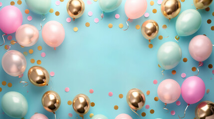 image featuring "Happy Birthday" by colorful pastel balloons. Celebration concept