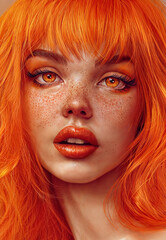bright orange colored hair woman portrait, red hair girl with freckles