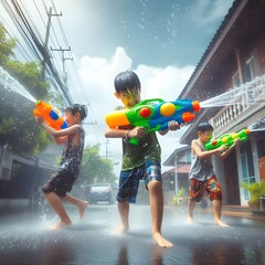 children playing splashing water gun at Song Kran Festival