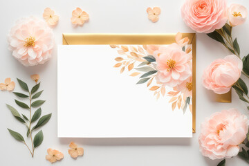 Blank paper wedding greeting card with flowers peach fuzz colors on of pastel background.