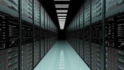 Symmetrical rows of metal servers in a dark data center hallway