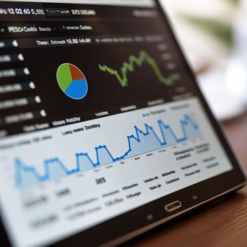 A tablet screen displaying detailed stock market data with graphs and pie chart, representing financial analysis and investments
