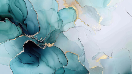 Abstract alcohol ink painting texture in blue green azure tones with golden splashes