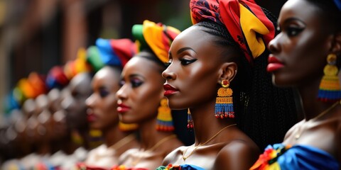 A group of women don vibrant and elaborate headdresses, showcasing cultural diversity - obrazy, fototapety, plakaty