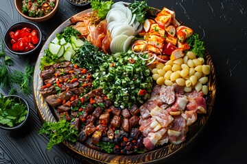 Top View of a Turkish Meze Platter on a Black Background. Concept Food Photography, Turkish Cuisine, Top View, Meze Platter, Black Background