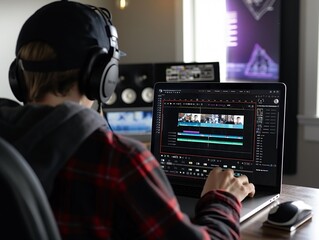 A videographer editing footage for a client's promotional video on a laptop
