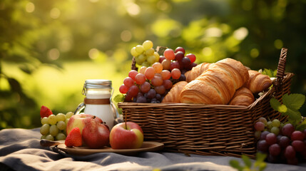 Croissants and fresh fruit in picnic basket.