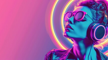 Stylish woman in retro style with headphones on glowing neon background. AI generated image