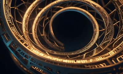 Close-up of an intricate golden wheel with enigmatic ciphers, glowing subtly in a dark environment. The design combines modern aesthetics with ancient symbolism, suggesting a mysterious purpose or